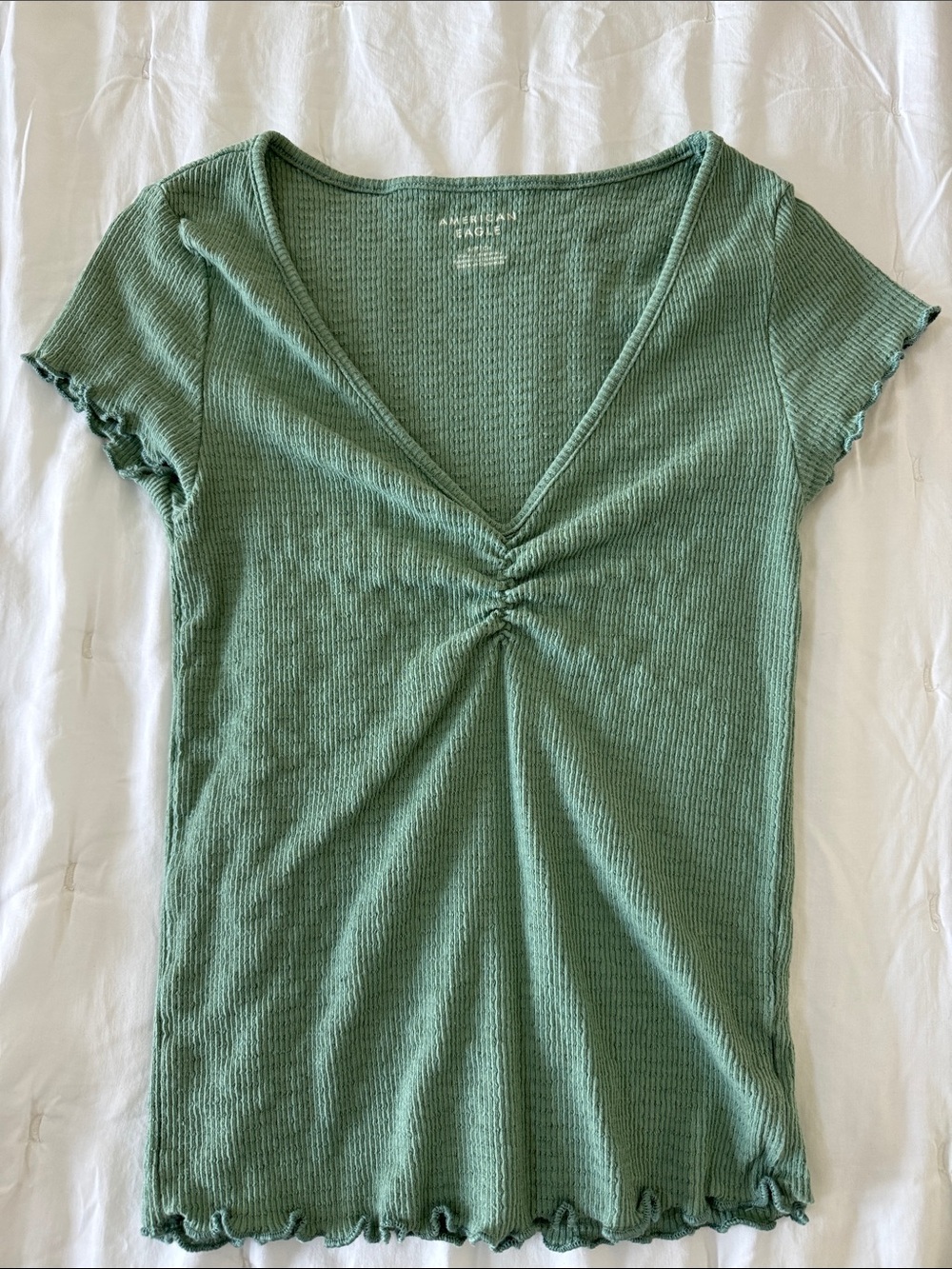American Eagle Outfitters Sage Green Ribbed V-Neck Tee with Ruching
